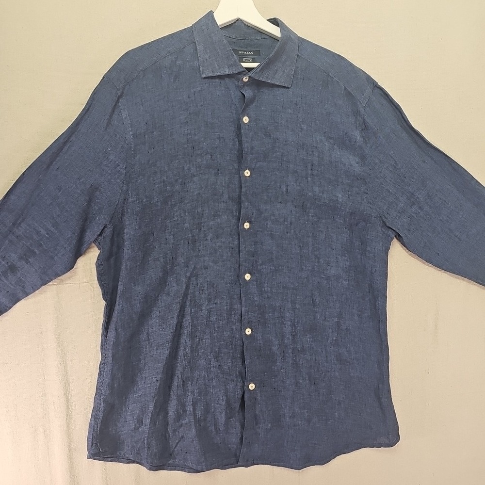 SPADA Puro Lino Men's 17.5 44 Blue Button Up Long Sleeve Shirt 100% Linen Italy - Picture 2 of 12